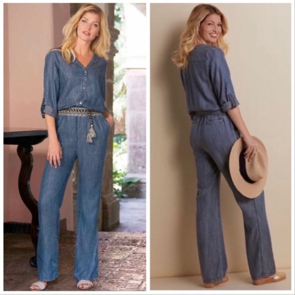 Soft Surroundings Blue Chambray Straight Leg Jumpsuit. Belt not included.